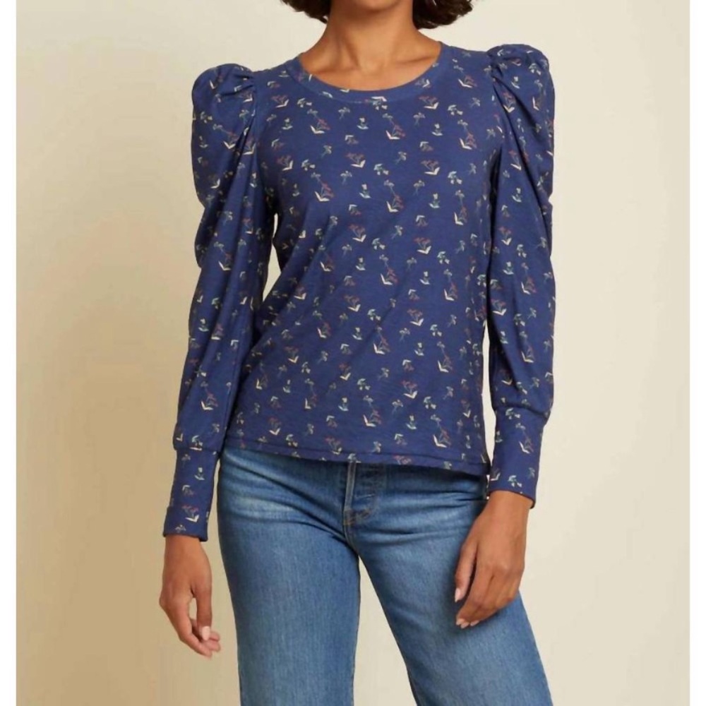 Nation LTD Blue Puff Sleeve Long Sleeve Top with Small Floral Print